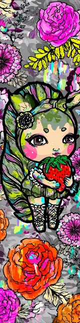 Free kawaii bookmark featuring a squirrel hugging a strawberry